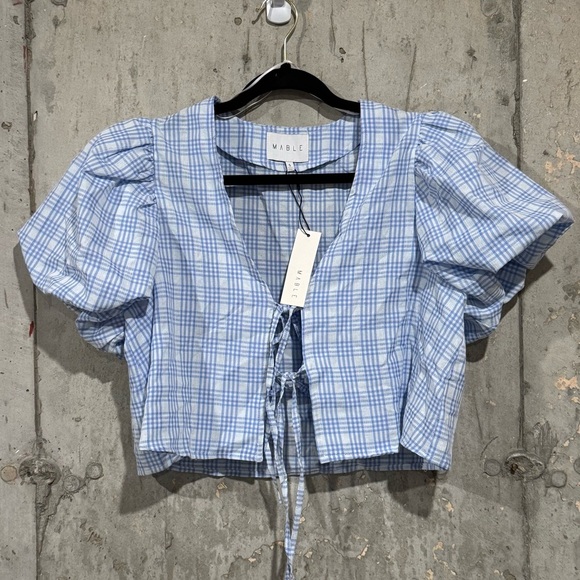 Mable NWT Small Blue Gingham Arleth Stripe Blouse And Shorts Set Puff Sleeve Tie - Picture 4 of 13